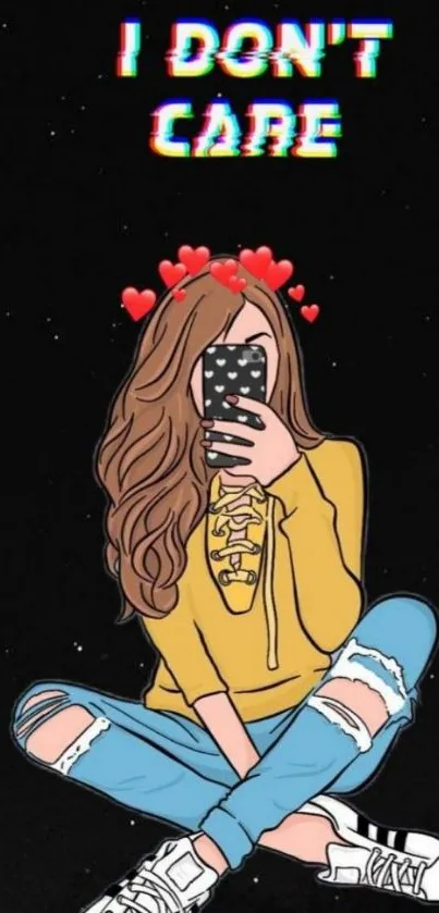 Graphic wallpaper with text 'I Don't Care' and hearts on a black background.